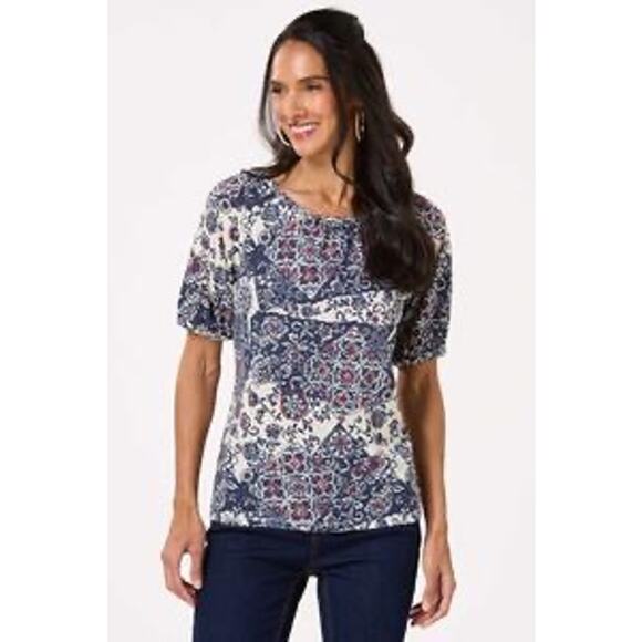 Cato Patchwork Top Shirt Braid Trim Cream Blue Large - Picture 9 of 10